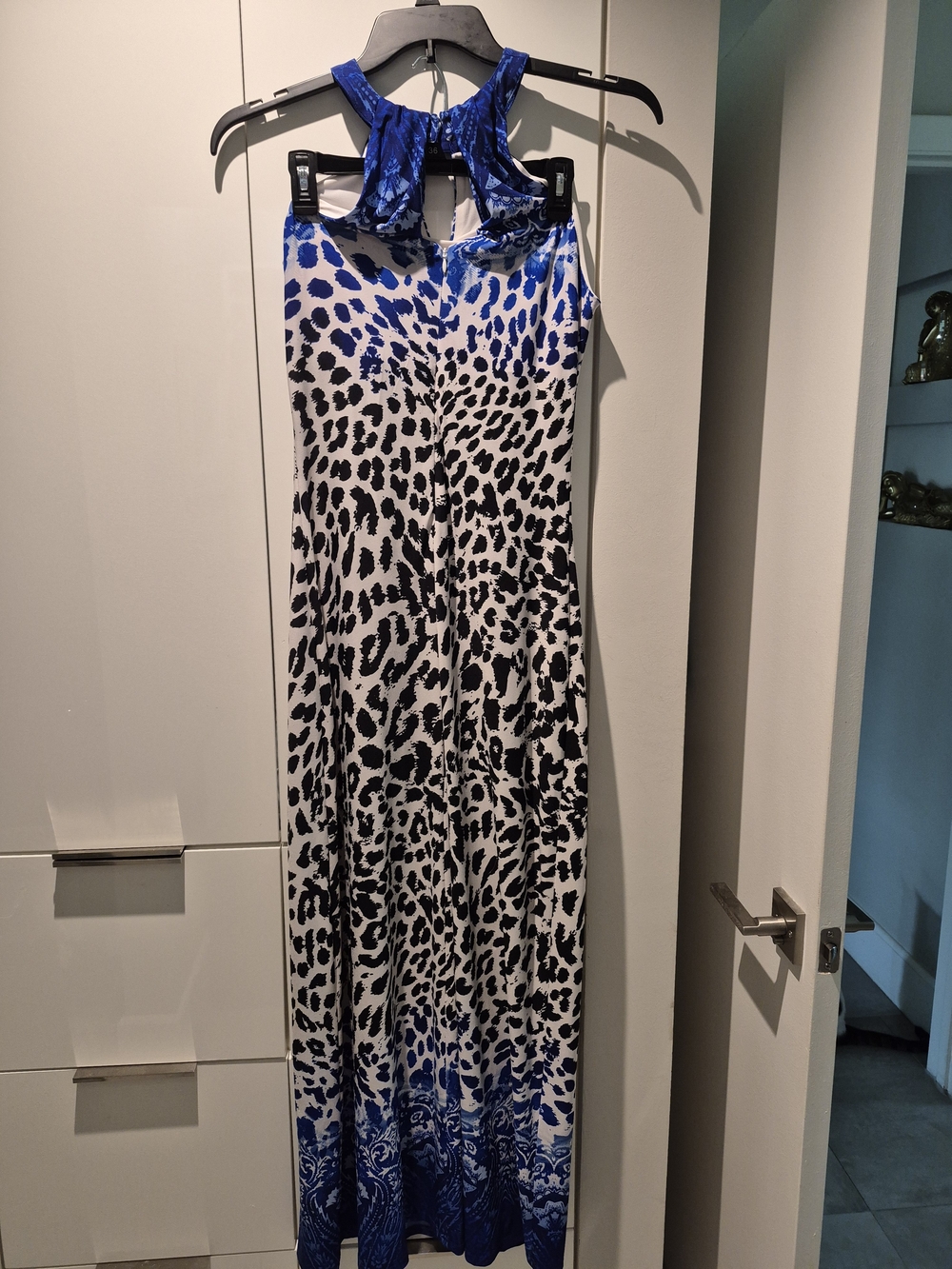 Cache Blue and White Halter Animal Print Maxi Dress